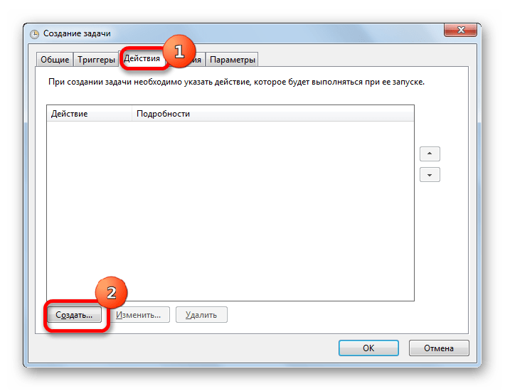 Вкладка Действия окна создания задачи Планировщика заданий в Windows 7
