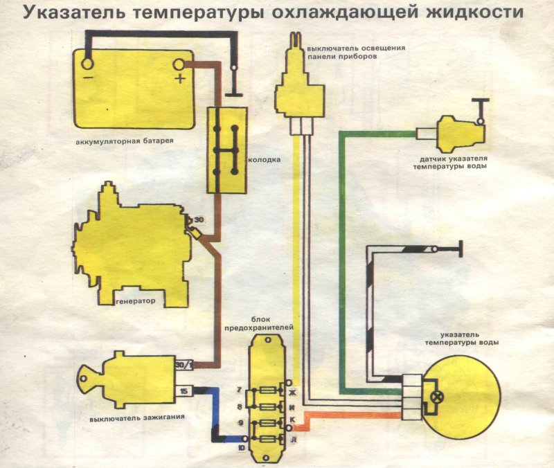 Схема подключения датчика температуры. Схема подключения указателя температуры охлаждающей жидкости ВАЗ 2106. Указатель температуры охлаждающей жидкости 2106 схема. Указатель температуры двигателя ВАЗ 2106 схема подключения. Схема подключения указателя и датчика температуры ВАЗ 2106.