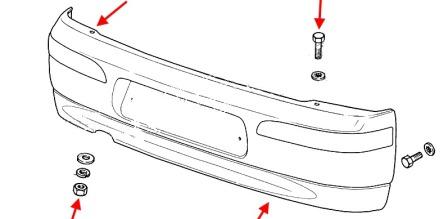the scheme of fastening the rear bumper of Lada (VAZ) 2110, 2111, 2112