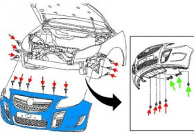 схема крепления переднего бампера Opel INSIGNIA 