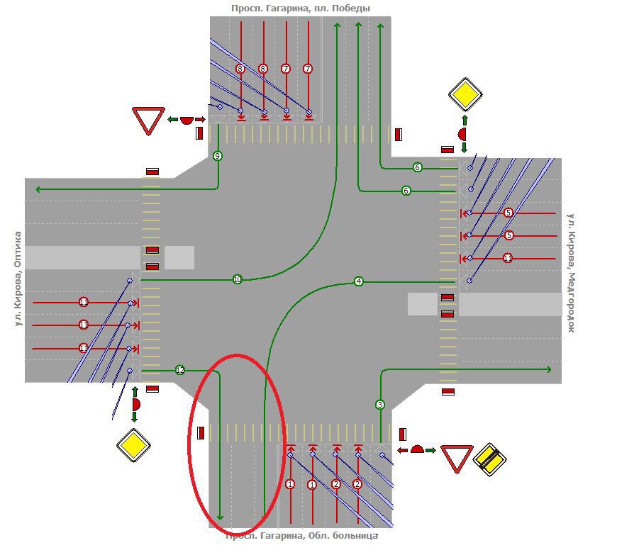 Светофор перед перекрестком. Смоленск перекресток Кирова. Перекресток Кирова Гагарина Смоленск. Схема движения на перекрестке. Схема перекрестка движения по полосам.